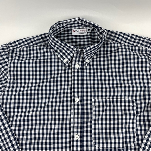 Chef Works Button Down Shirt Mens Medium Blue White Plaid - Picture 3 of 8